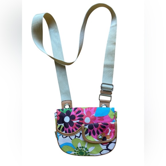 Lily Bloom Floral Small Crossbody Multicompartment Handbag Green Pink 7"x 8"x1" - Picture 1 of 16